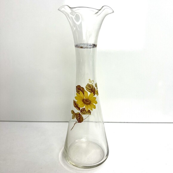 Vintage Viking Art Glass Clear With Yellow And Brown Flowers Bud Vase - Picture 1 of 7